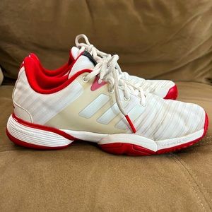 Adidas Barricade tennis/pickleball court shoe. Red and white.